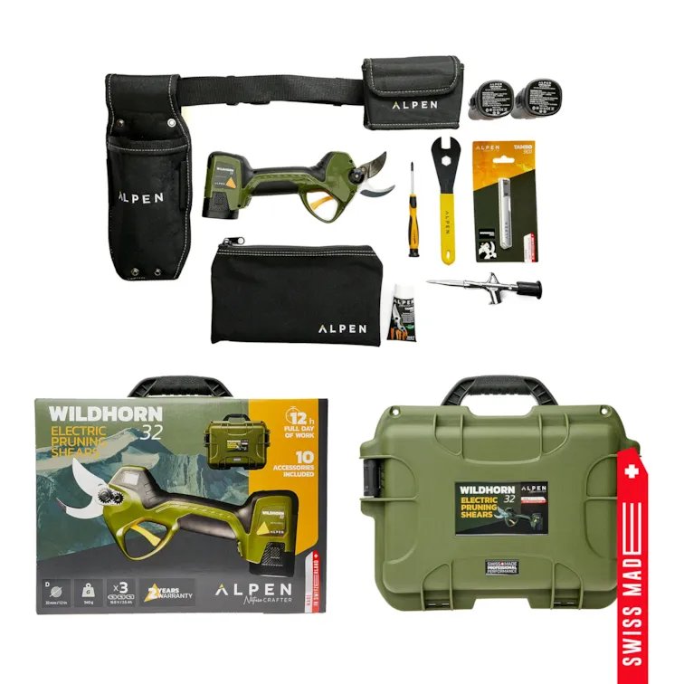 ALPEN elektro Gartenschere Wildhorn 32 Set + Elektro-Kettensäge Beverin 10